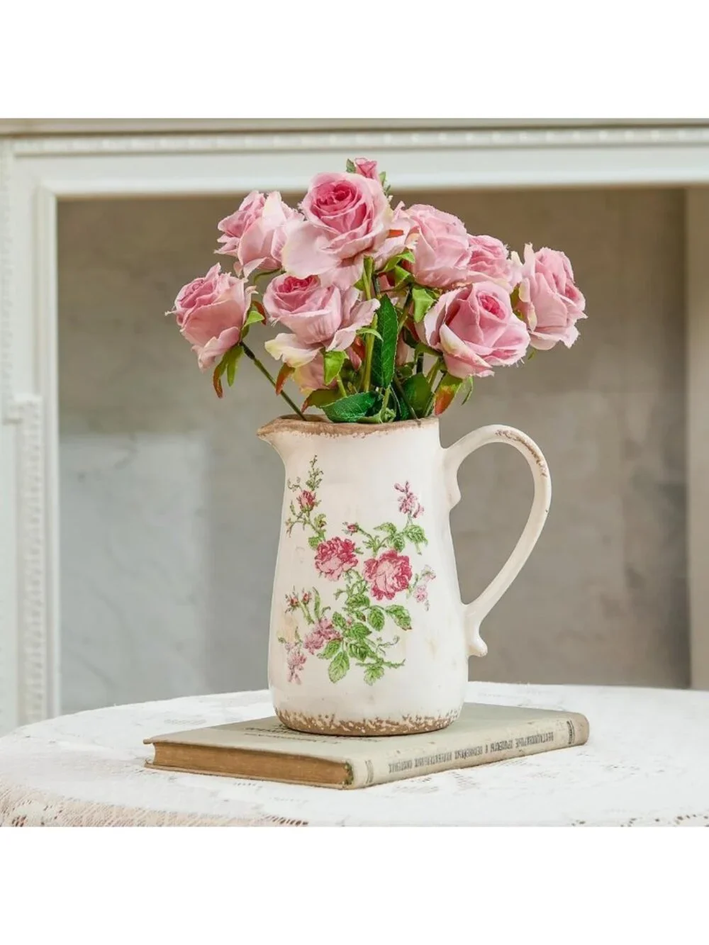 Vintage Floral Ceramic Vase with Handle - Retro Ice Glazed Farmhouse Decor 7